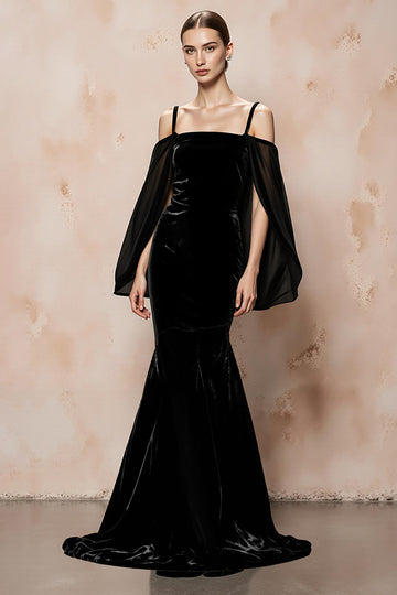 Black Mermaid Velvet Evening Dress With Cape